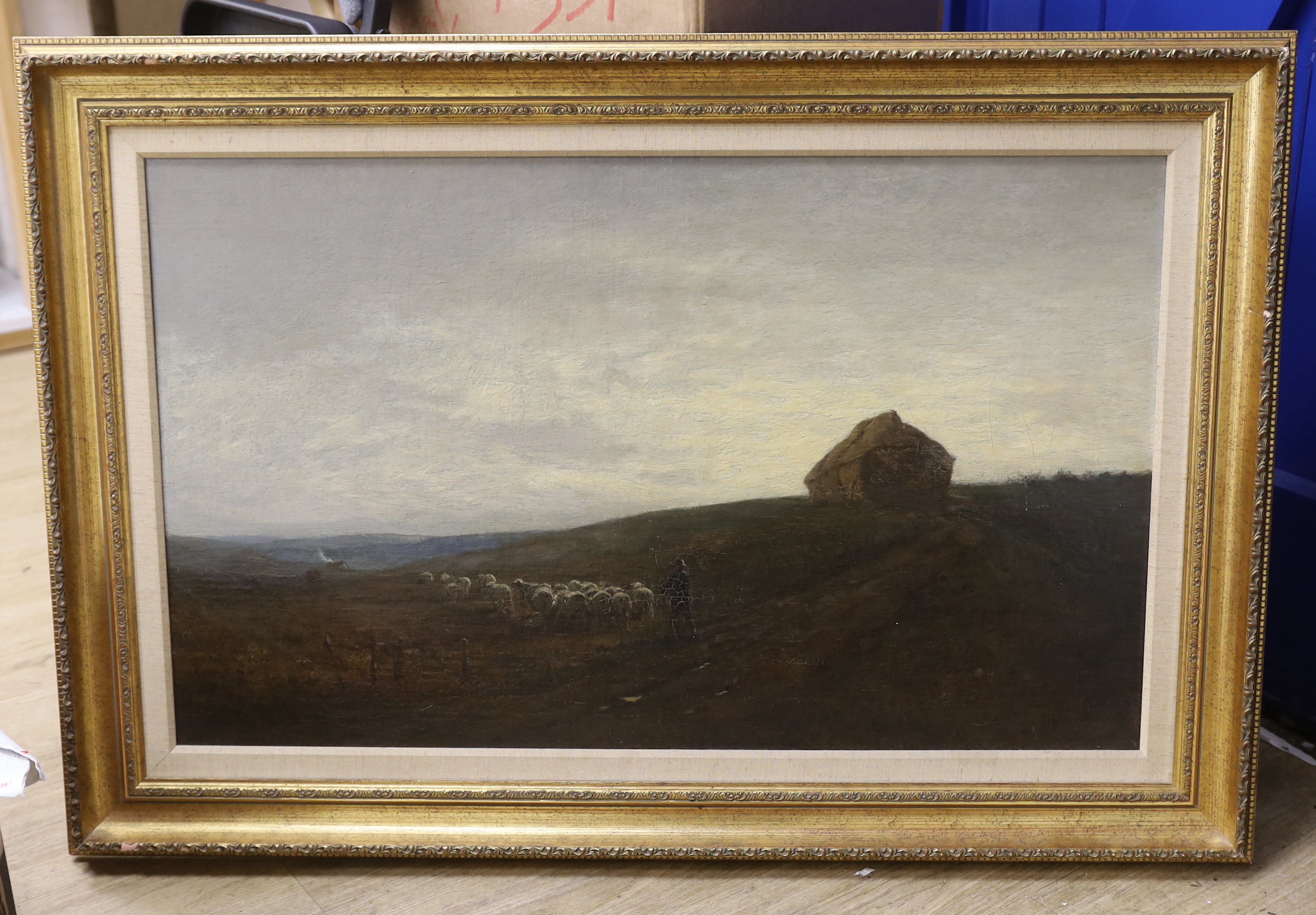 Oil on canvas, Extensive landscape with shepherd and flock of sheep, unsigned, 54 x 90cm
